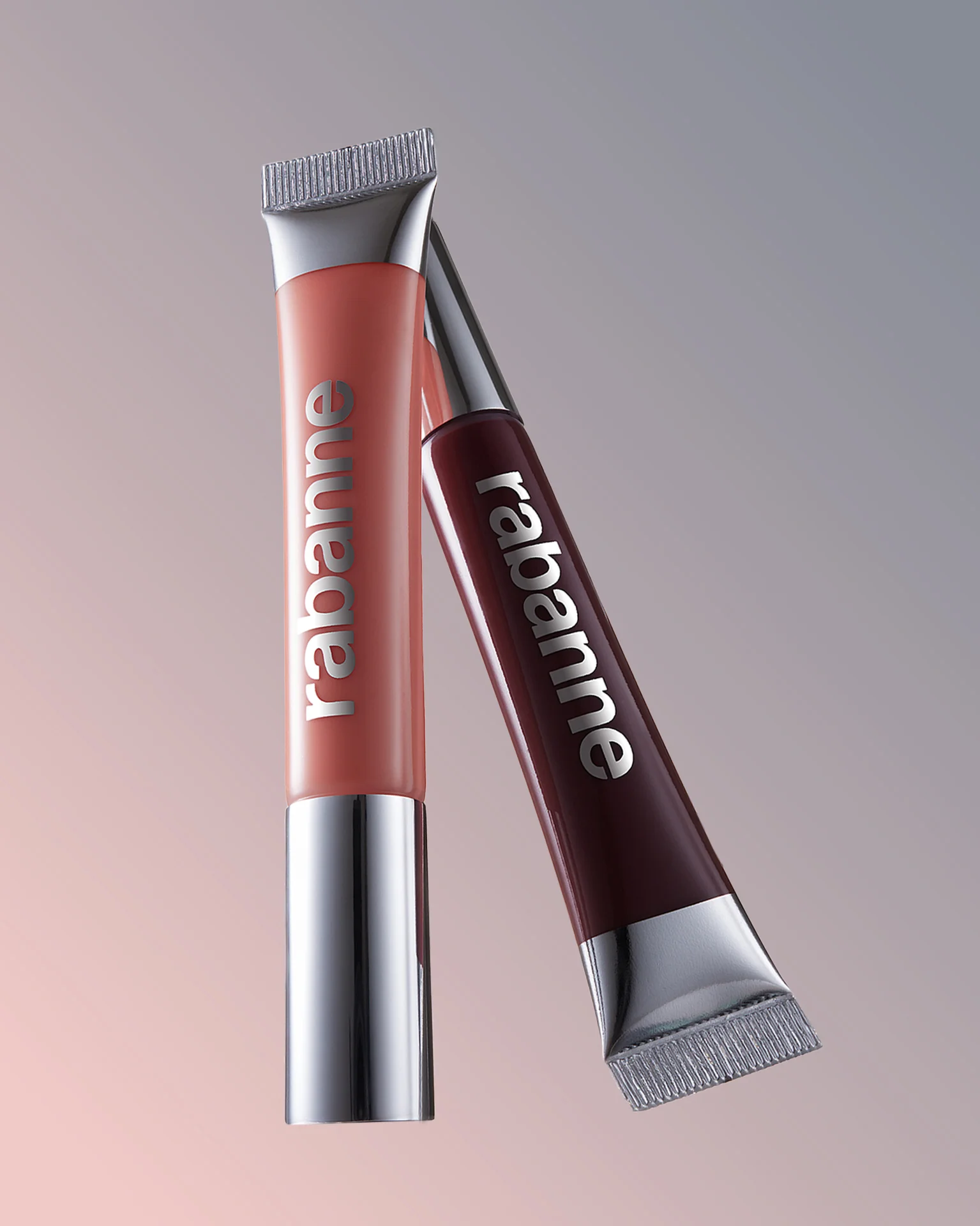 Retouched commercial product photograph of Rabanne lip gloss tubes, featuring metallic reflection control, dust removal, and precise color calibration, photography by kse.bolshakova
