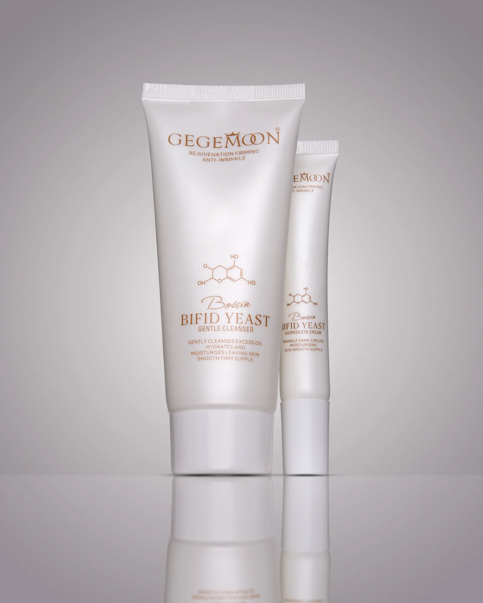 Retouched commercial product photo of Gegemoon skincare tubes, featuring surface cleaning, reflection balancing, and precise edge alignment, photography by Dmitry Kirshev