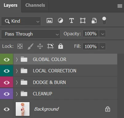 Non-destructive Photoshop layer stack for commercial retouching