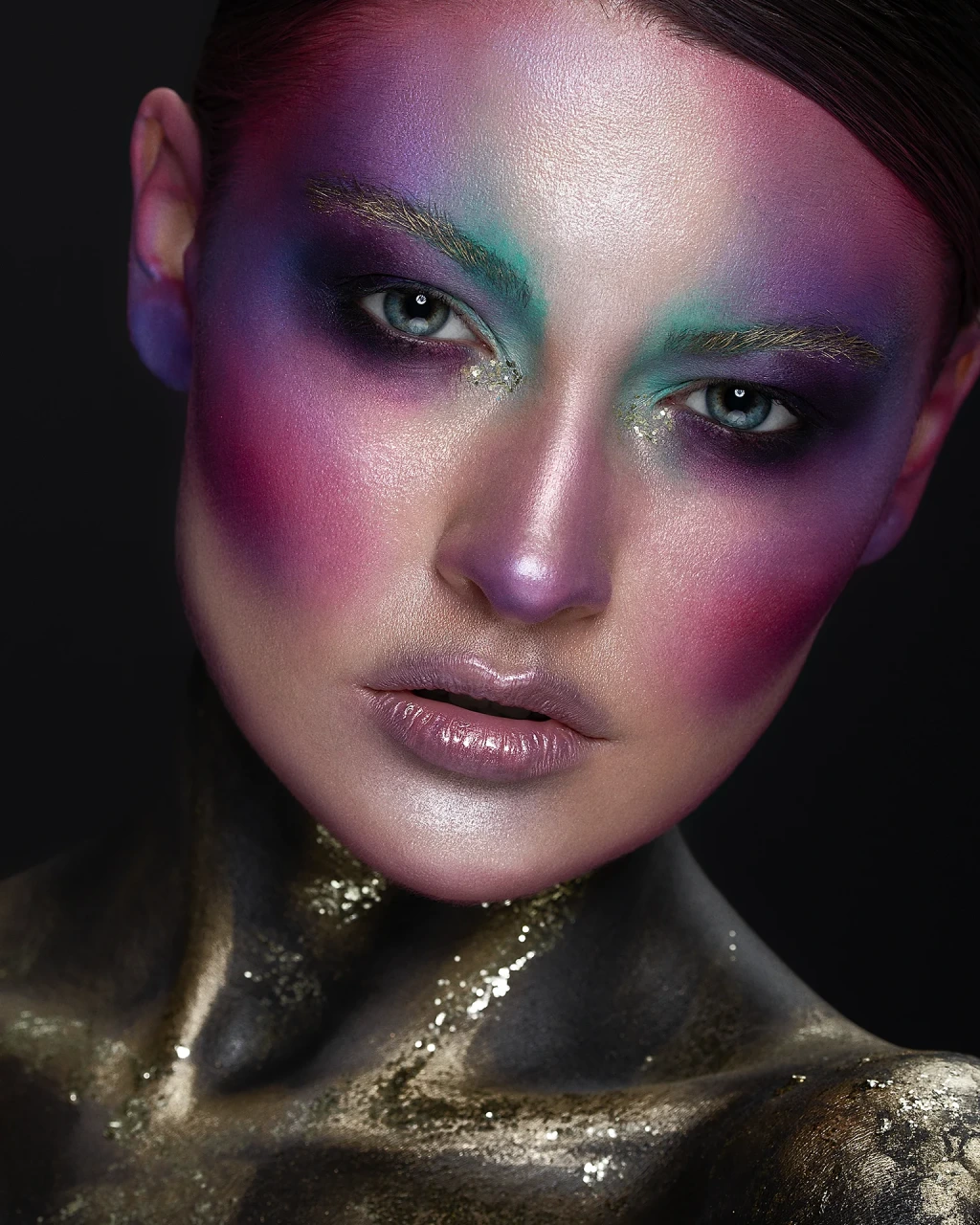 Creative editorial beauty portrait retouching with vibrant purple makeup and gold accents, featuring dodge and burn, precise color grading, and preserved skin texture, photography by Samoilenko Slava